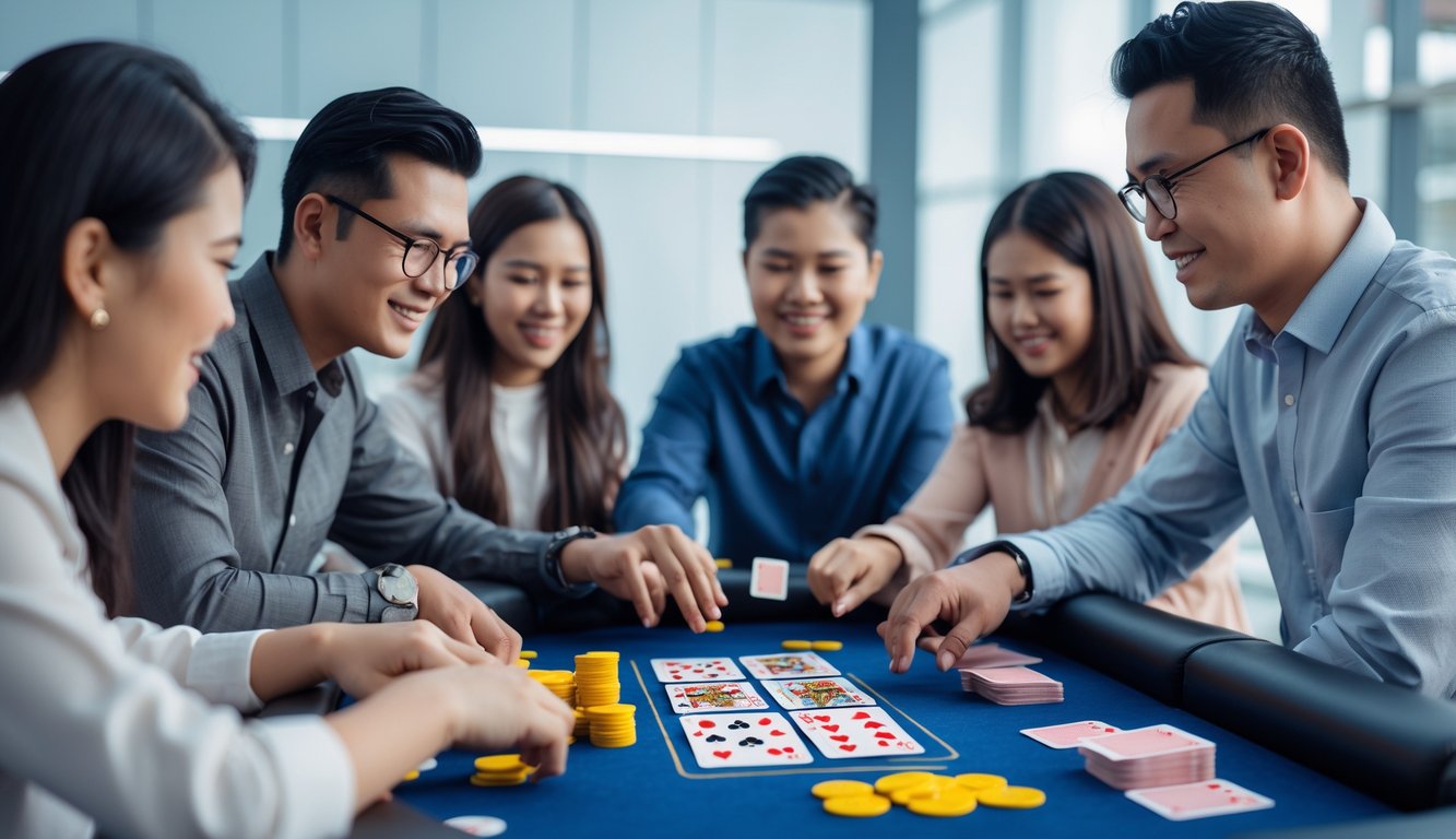 Sekelompok orang Indonesia bermain Judi Ceme di meja permainan digital dengan suasana modern dan pencahayaan terang.