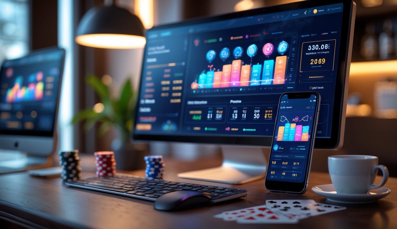 Suasana meja kerja dengan komputer dan ponsel menampilkan data permainan Judi Ceme terbaru, dikelilingi chip poker dan kartu remi.