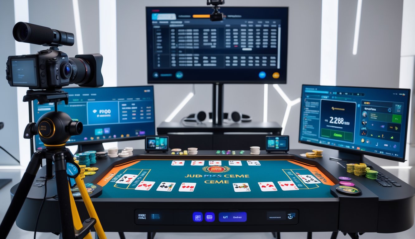 Meja streaming dengan peralatan Judi Ceme yang rapi dan kamera menghadap ke meja permainan.