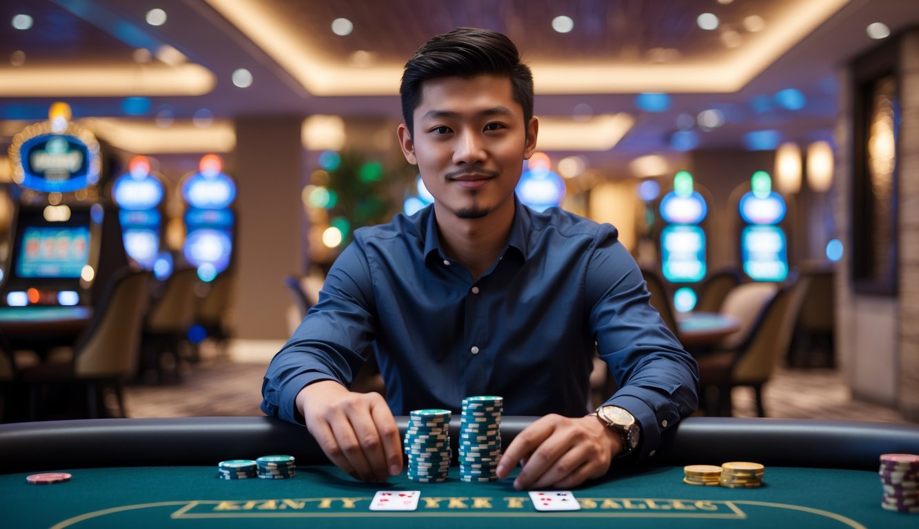 Seorang pria muda sedang duduk di meja permainan kasino dengan kartu dan chip, tampak fokus dan percaya diri.
