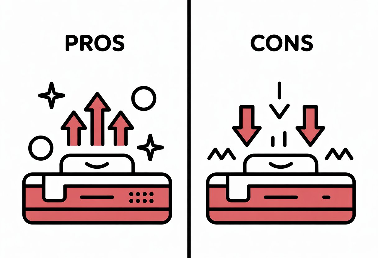 A comic panel split in two showing a mattress with positive symbols like smiling face and upward arrows on the left, and the same mattress with concerned face and downward arrows on the right.