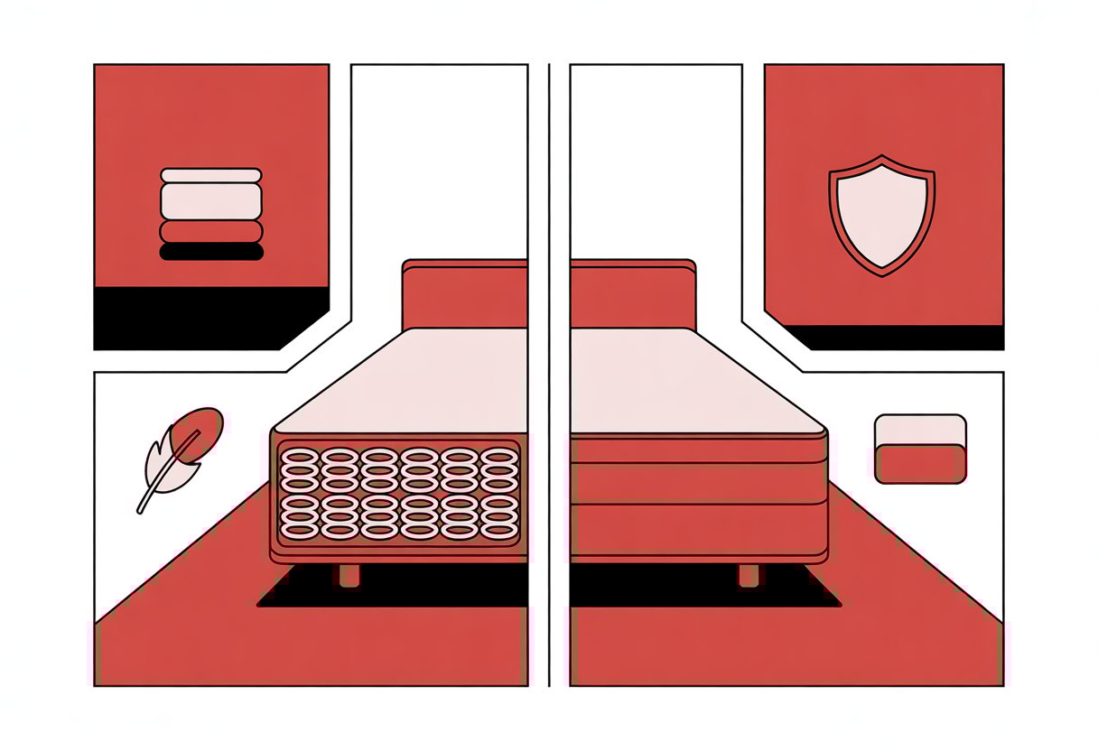 A simplified cross-section of a hybrid mattress split into spring coils and foam layers, surrounded by icons representing comfort, support, and durability.
