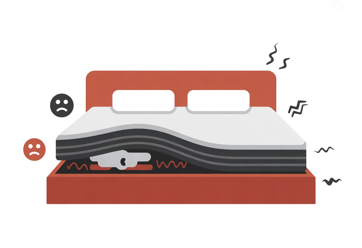 A simplified bedroom scene showing a bed with a hybrid mattress, highlighting its internal layers and symbols representing common problems like discomfort and heat.