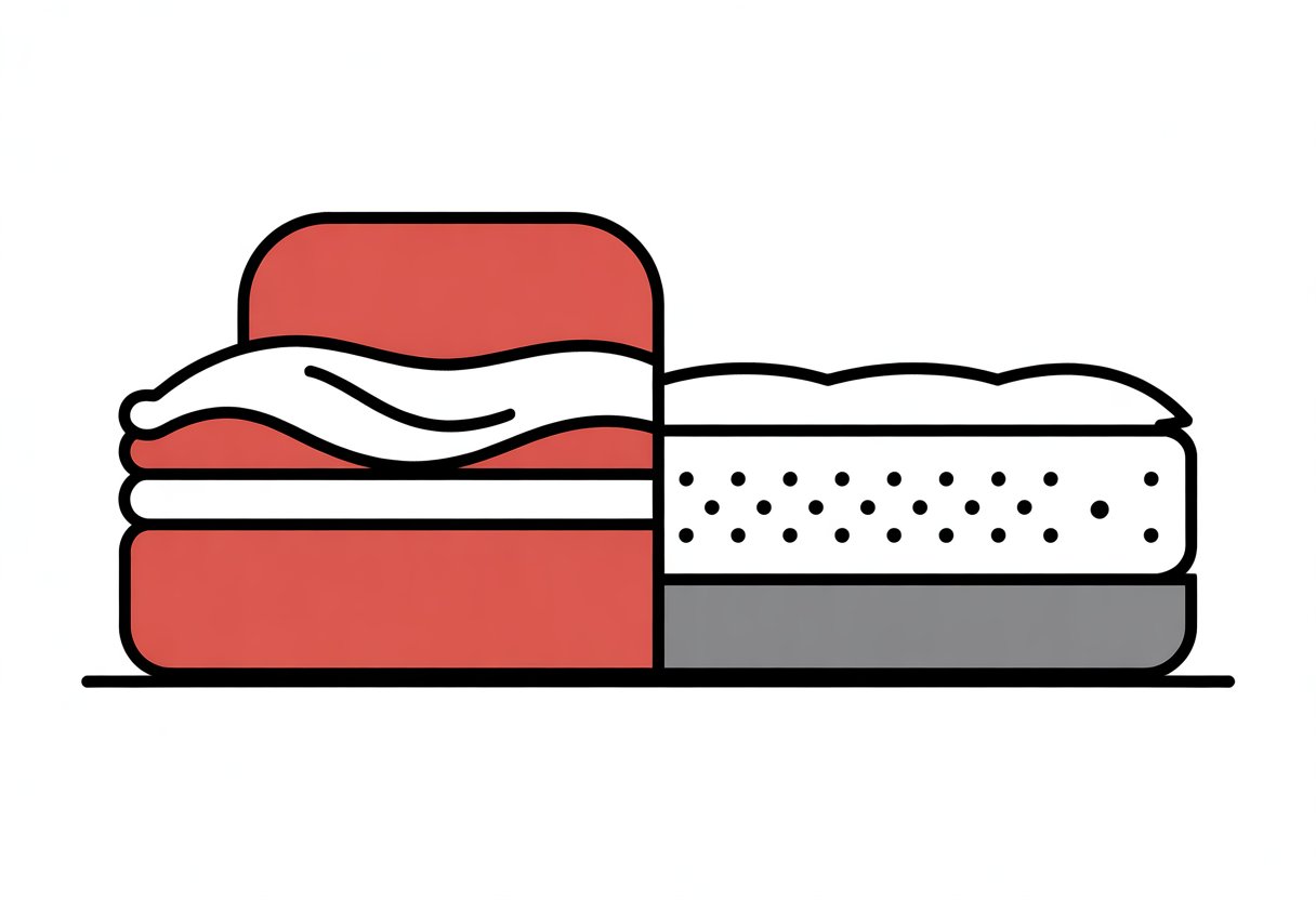 A split image showing two simplified mattress cross-sections side by side, one representing foam layers and the other showing latex with small holes.