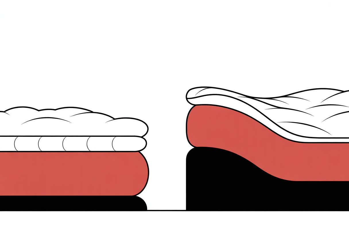 A cross-section illustration of a hybrid mattress showing foam layers on one side and latex layers on the other, using red, black, and white colors.