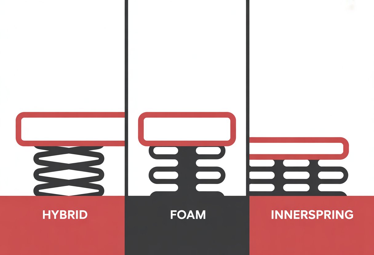A comic panel showing three simplified mattress illustrations side by side, each representing a hybrid mattress, a foam mattress, and an innerspring mattress.