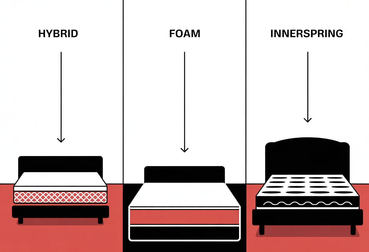 A comic panel divided into three sections showing simple icons of a hybrid mattress with coils and foam, a solid foam mattress, and an innerspring mattress with visible coils.