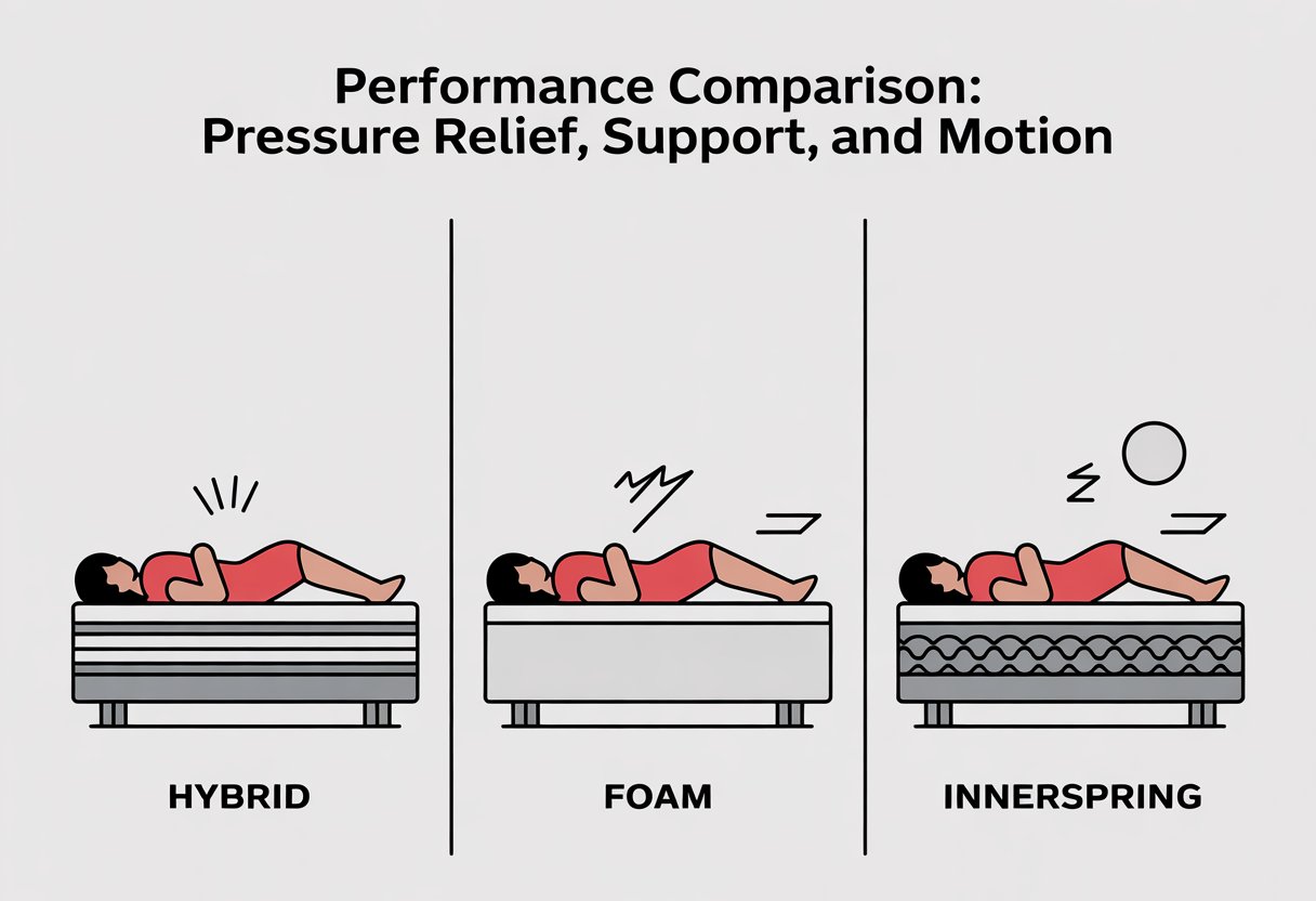 Three side-by-side panels each showing a different mattress type with a person lying on it, illustrating pressure relief, support, and motion.
