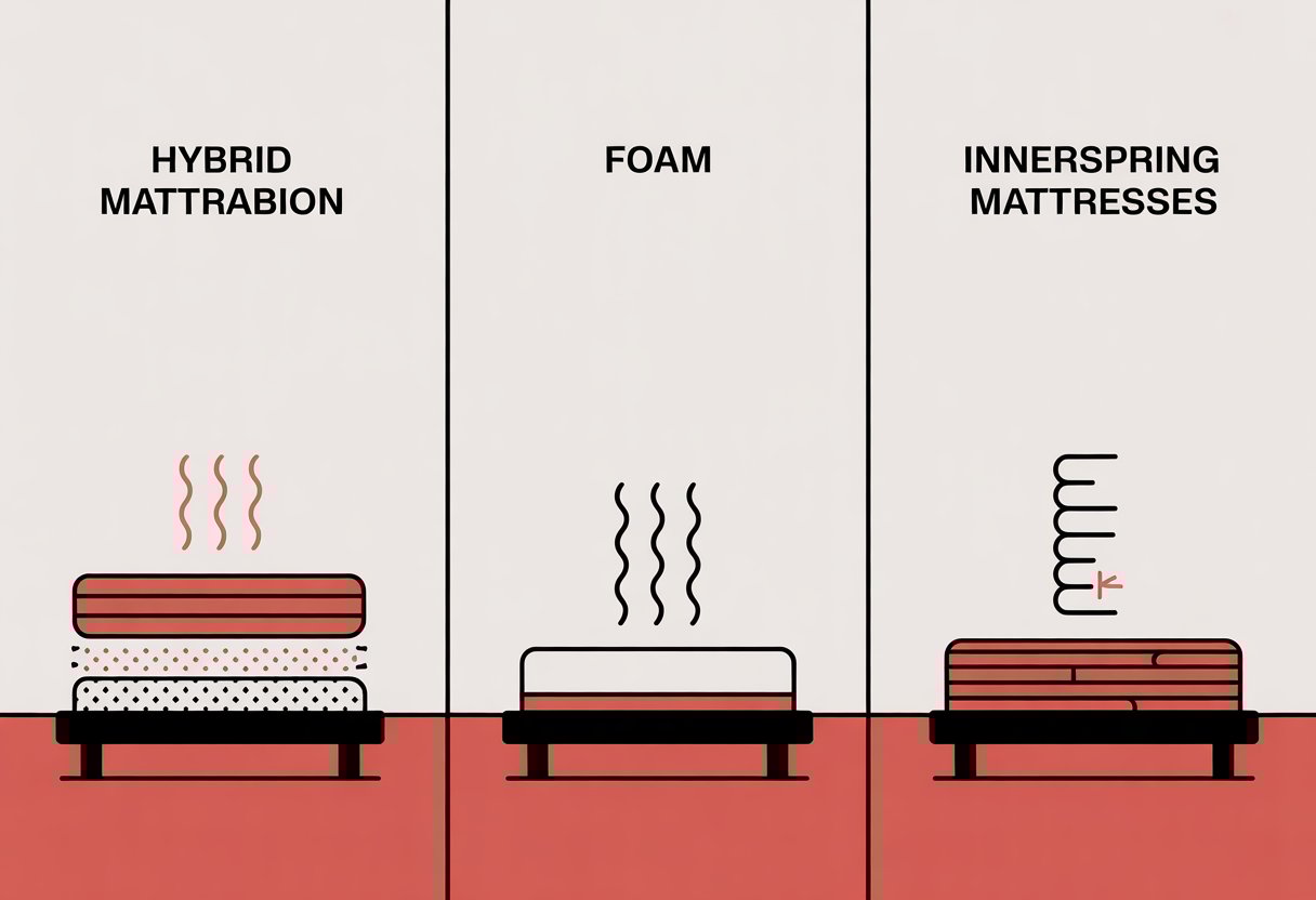 A comic panel divided into three sections showing simplified icons of hybrid, foam, and innerspring mattresses with visual elements representing airflow and heat.
