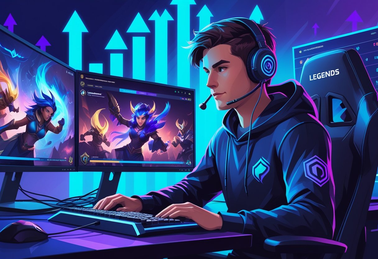 A gamer focused on playing League of Legends at a multi-monitor gaming setup with visuals of champions and ranking symbols in the background.