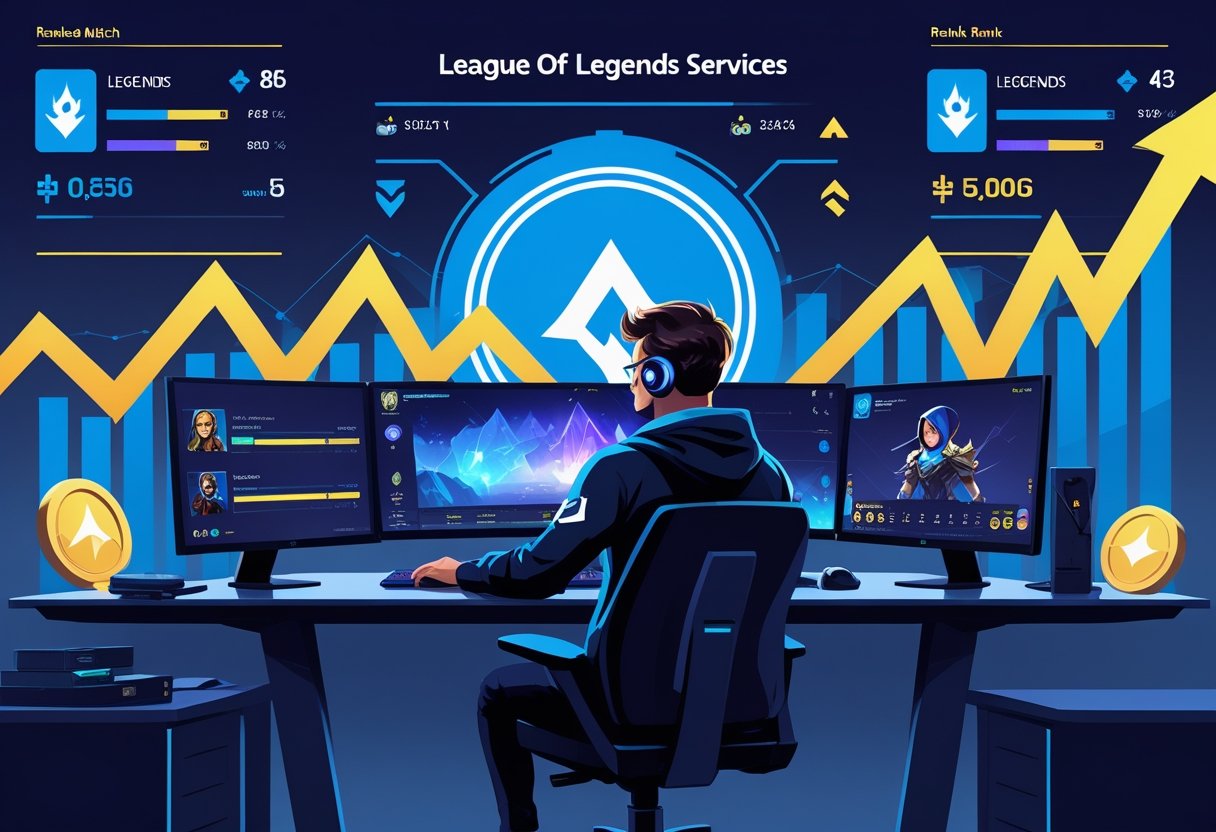 A gamer at a computer with multiple screens showing game stats and character icons, surrounded by symbols representing ranking progress and improvement.