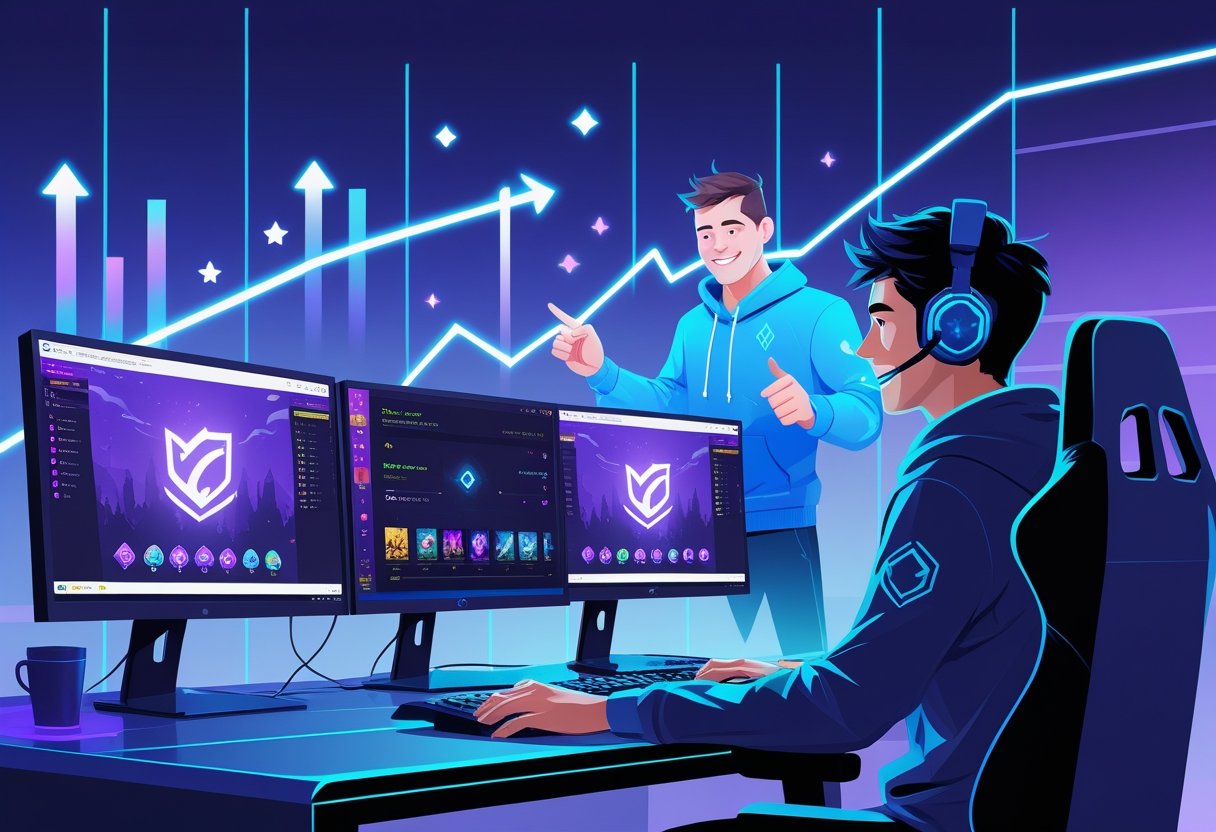 A gamer at a high-tech setup receiving remote assistance from a booster character, with visual elements indicating ranking progress in a multiplayer online game.