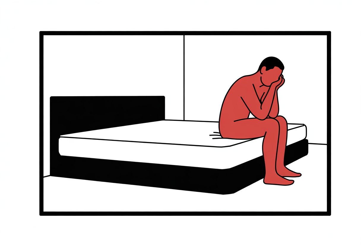 A person sitting on the edge of a mattress in a simple bedroom.