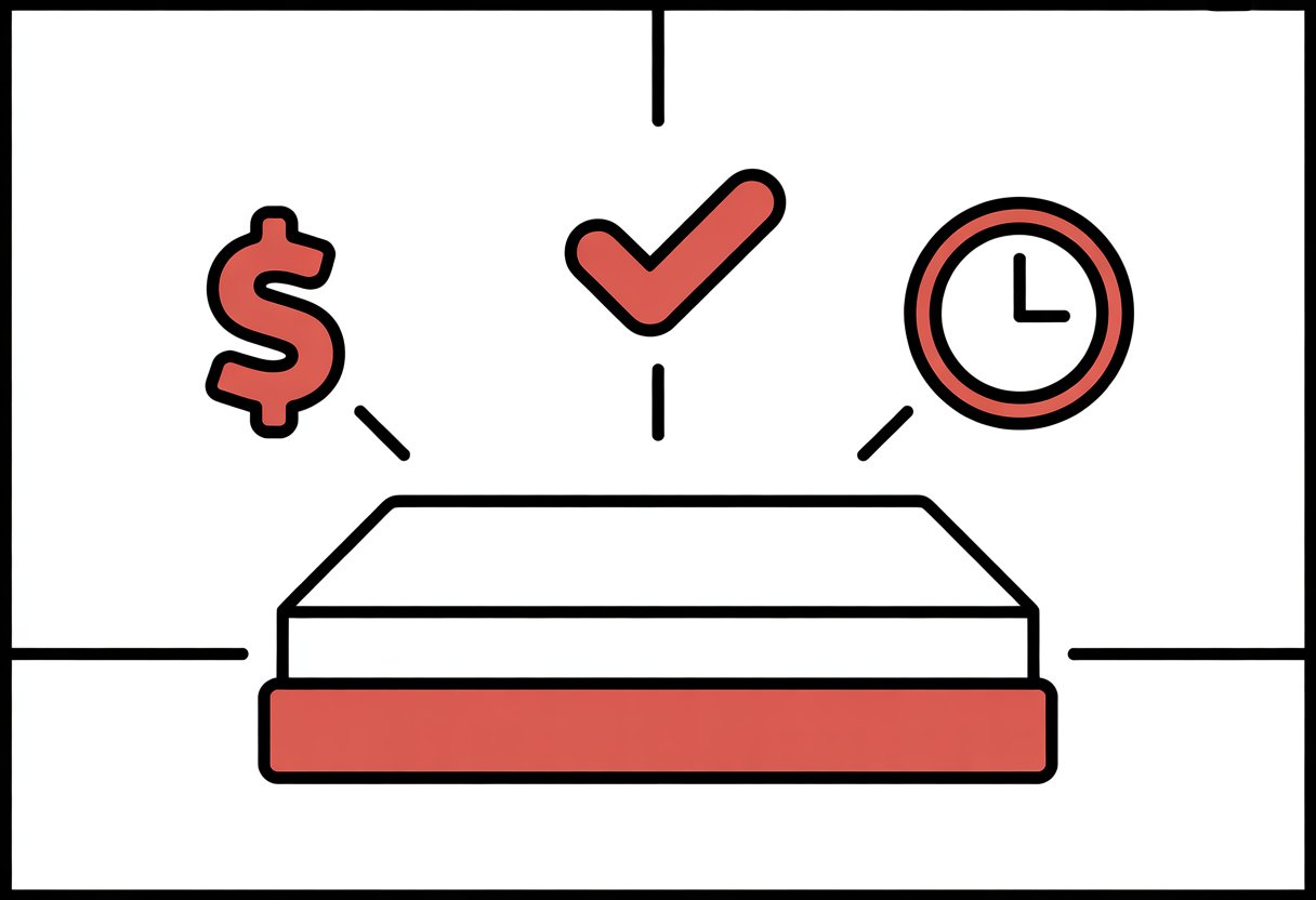 A simple illustration of a mattress with icons of a dollar sign, checkmark, and clock around it.