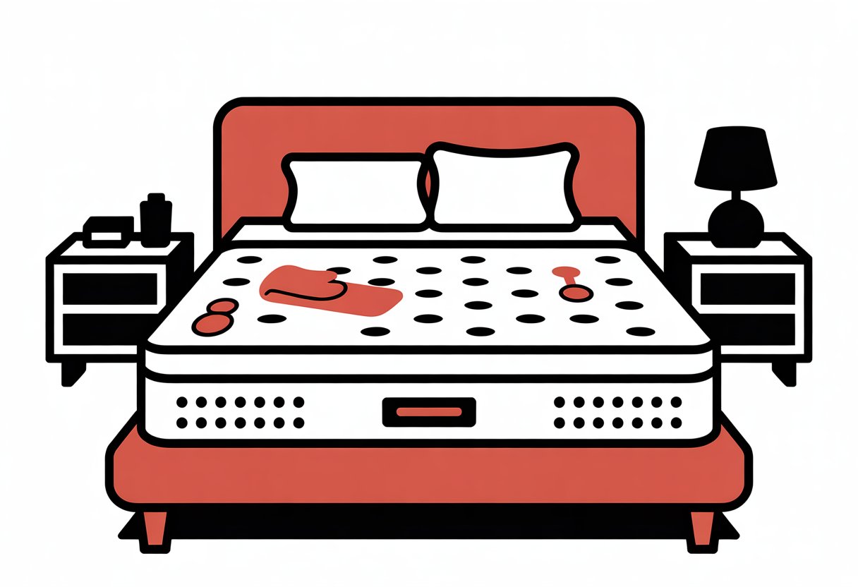 A simple illustration of a mattress in a bedroom with a bedside table and pillow, using only red, black, and white colors.