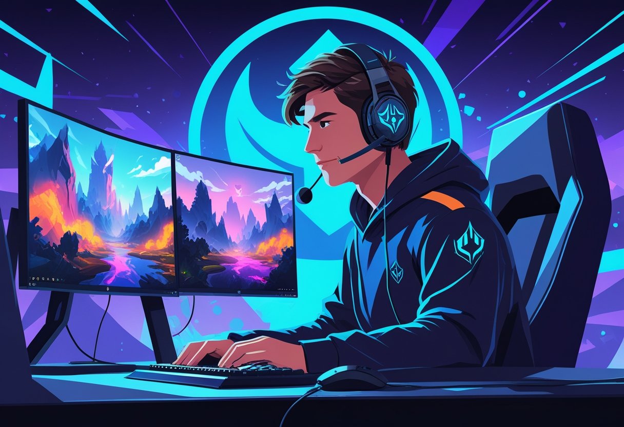 A focused gamer wearing a headset playing a fantasy video game on multiple monitors in a modern gaming setup with glowing elements in the background.