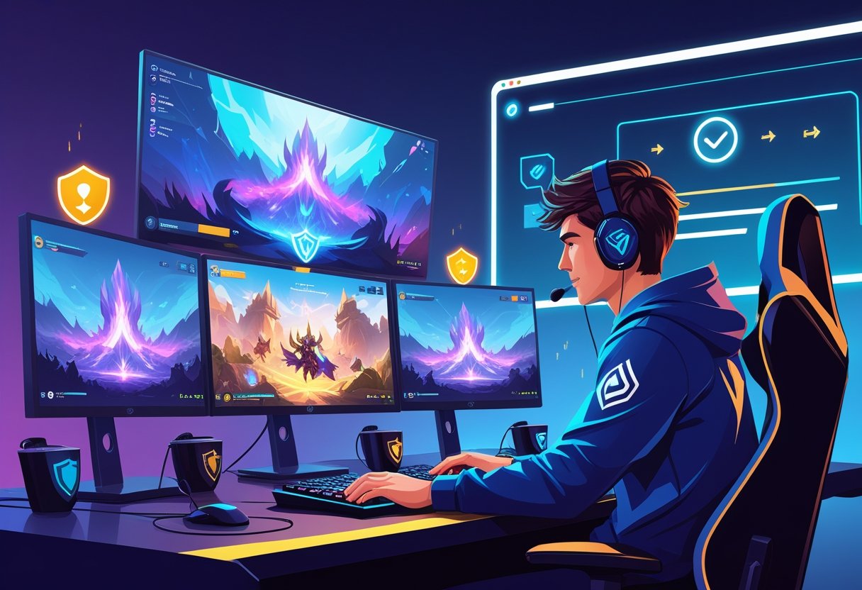 A gamer at a high-tech setup playing a fantasy-themed video game with visual elements showing progress and ranking improvement.