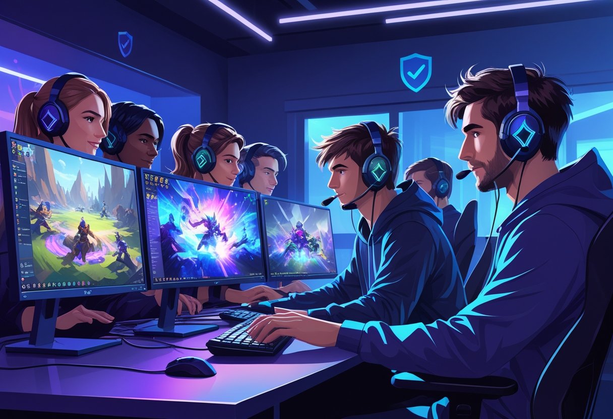 A team of gamers focused on playing League of Legends in a modern gaming room, surrounded by symbols representing trust and verification.