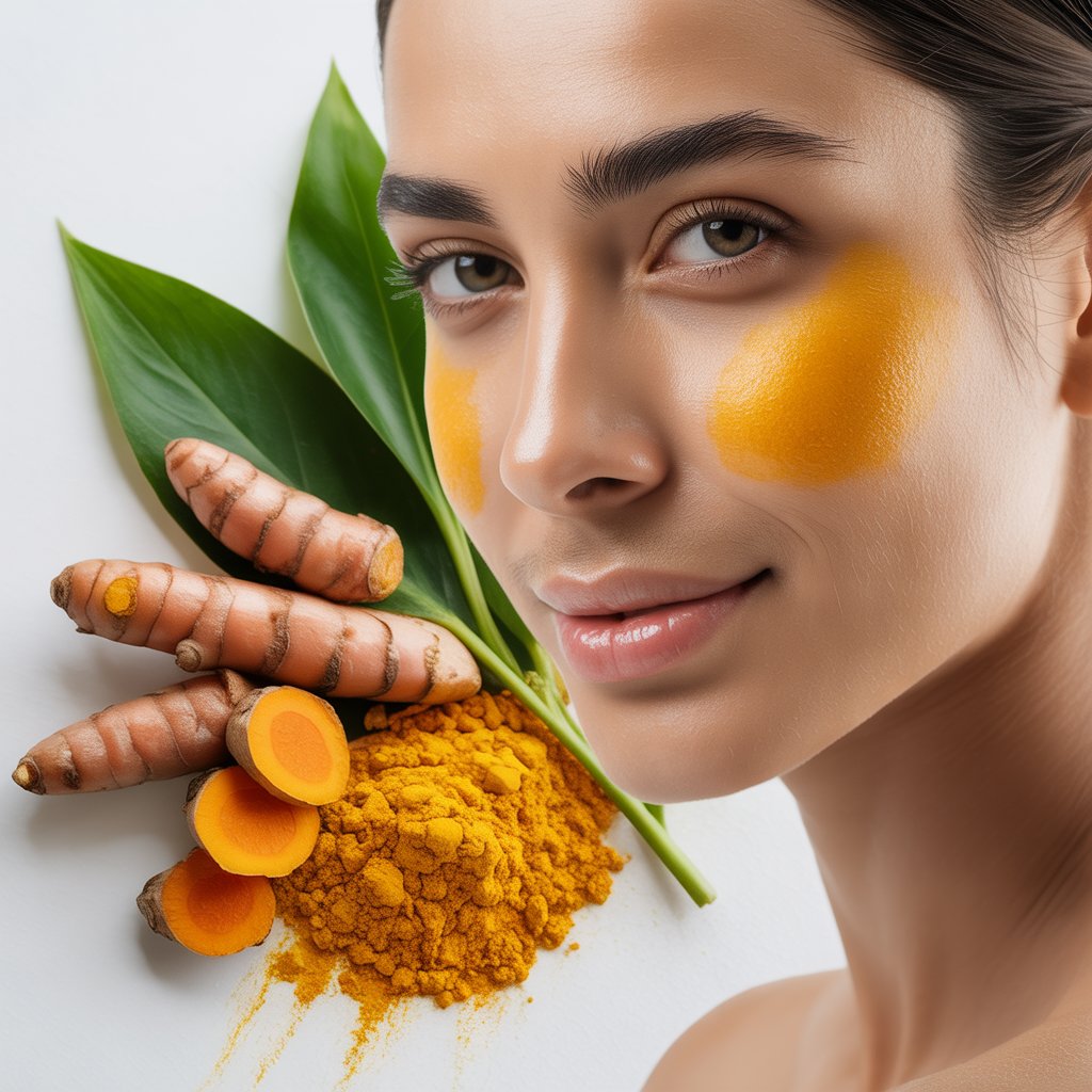 Close-up of a woman's glowing skin with turmeric roots and turmeric powder arranged nearby on a white surface.