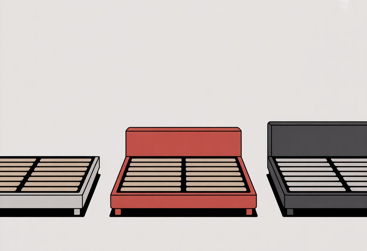 Three different bed frames side by side, showing a platform bed, a slatted wood foundation, and a box spring frame.