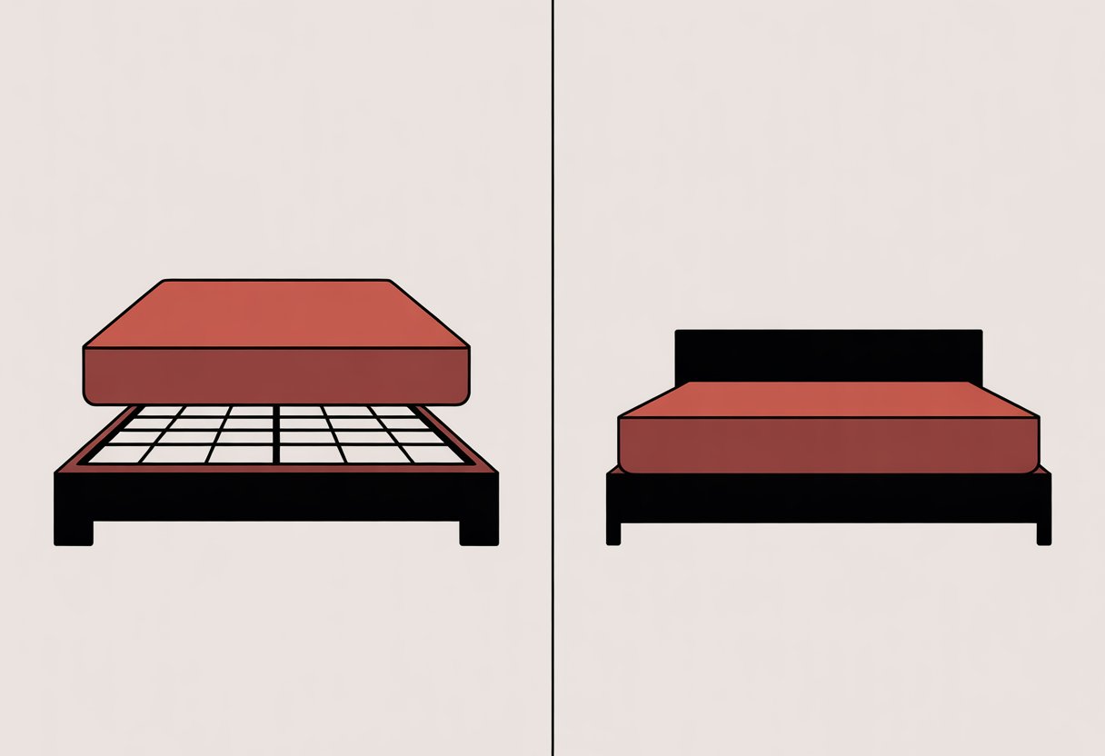 Side-by-side illustration of two bed frames: a box spring with a grid-patterned base and a platform foundation with a solid base, each supporting a mattress.