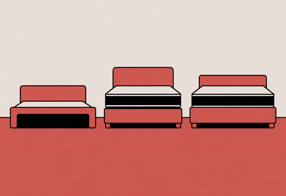 Three different bed setups side by side, each showing a mattress placed on a different style of bed frame or foundation.