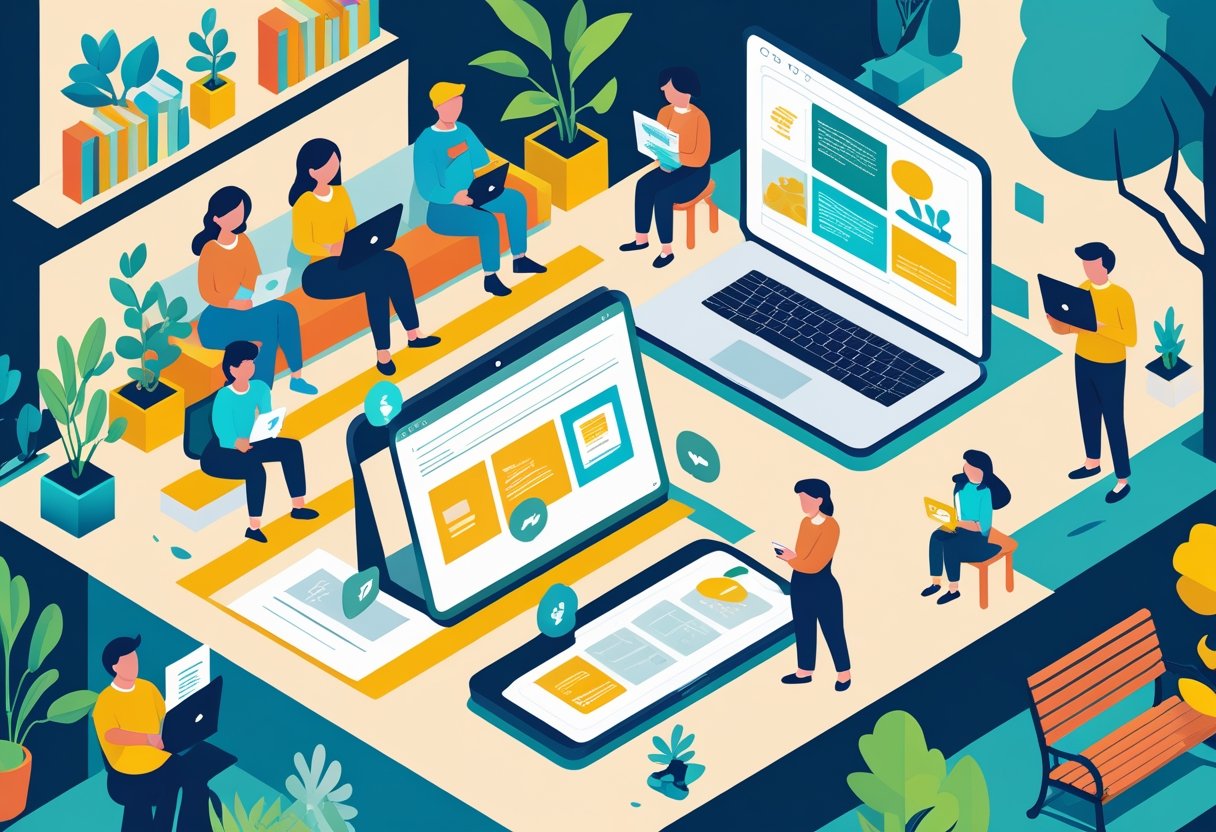 People of different ages using laptops, tablets, and smartphones to read articles in indoor and outdoor settings.