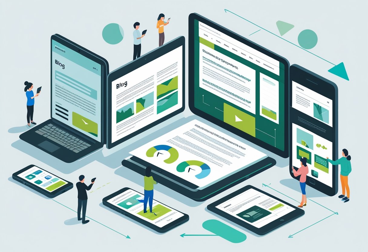 A digital workspace with multiple devices showing different blog styles and diverse people interacting with blog content in various ways.