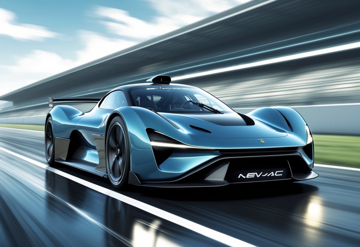 Gambaran mobil Rimac Nevera sedang melaju cepat di lintasan balap modern dengan latar belakang kabur yang menunjukkan kecepatan.