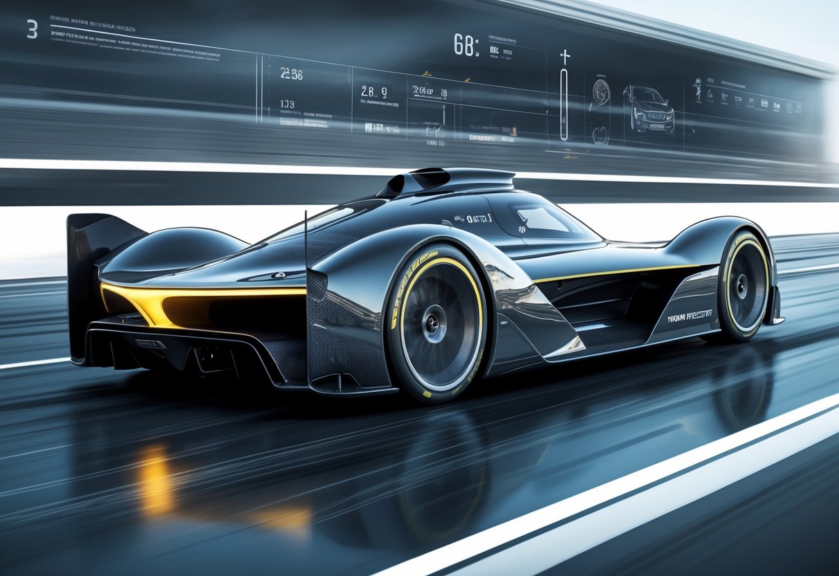 Ilustrasi mobil Rimac Nevera berkecepatan tinggi sedang melaju di lintasan balap dengan efek gerak cepat dan elemen teknis di latar belakang.