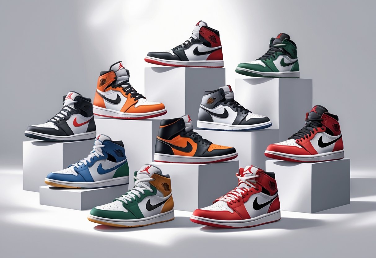 Ilustrasi sepatu Jordan terbaik sepanjang masa yang ditata rapi di atas panggung dengan pencahayaan lembut.