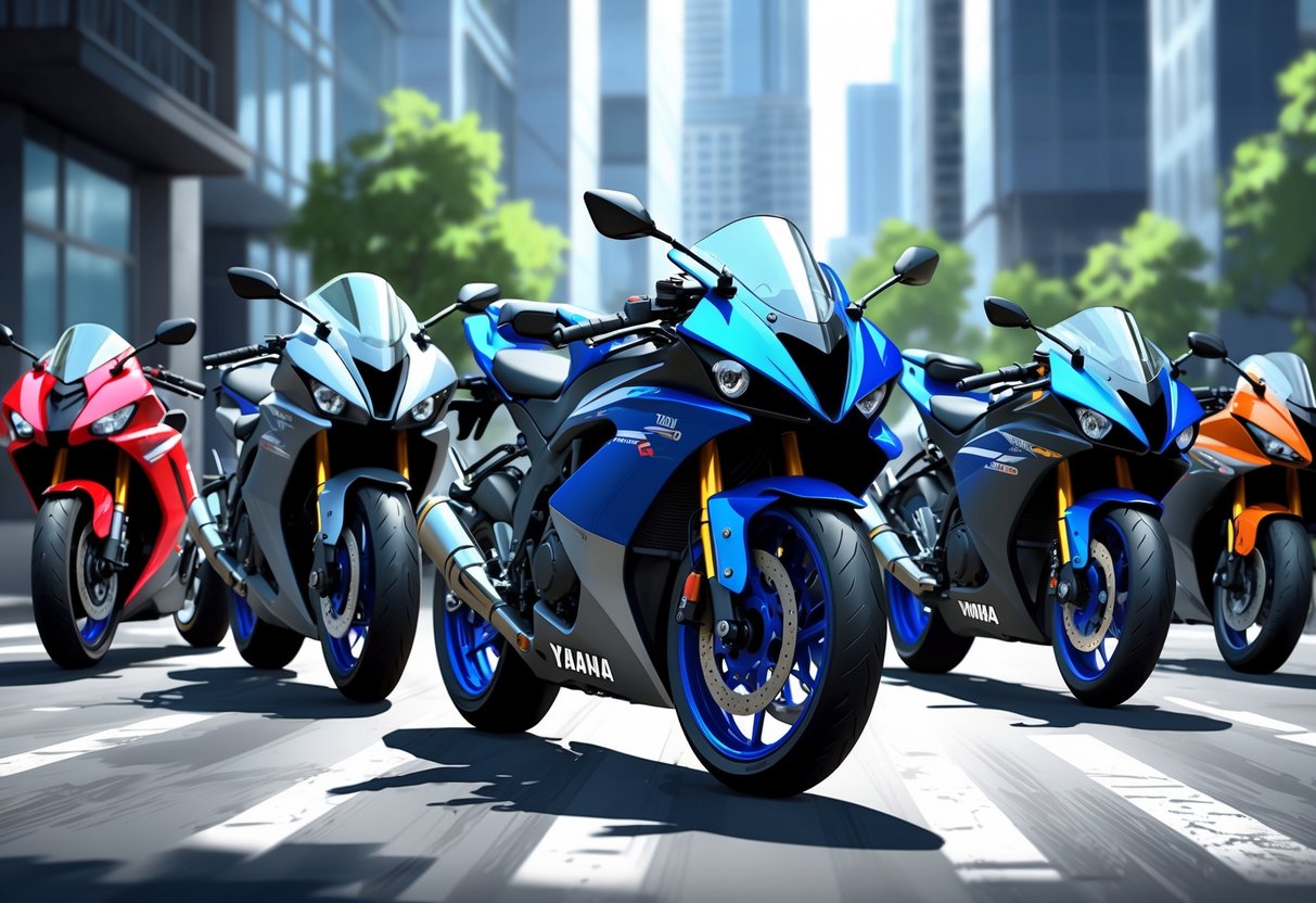 Deretan sepeda motor Yamaha populer di jalan kota dengan latar gedung modern.