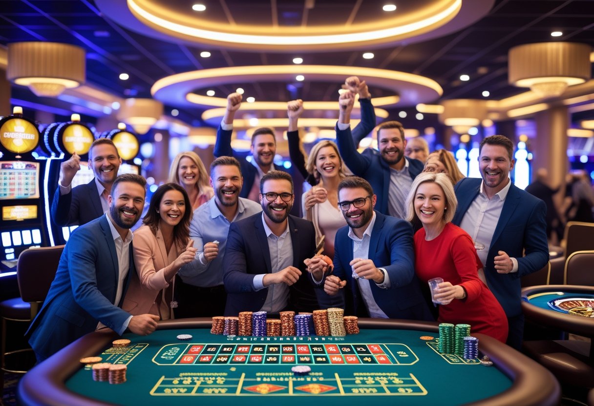 A diverse group of people enjoying casino games and celebrating wins in a bright, modern casino setting.