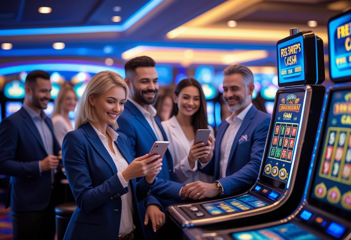 People playing electronic slot machines and using digital devices in a modern casino setting with colorful lights and gaming screens.