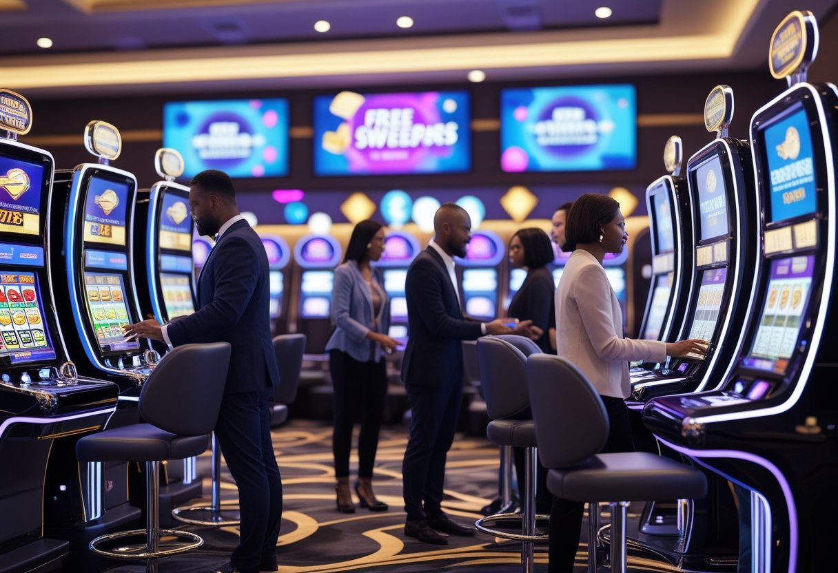 A group of adults playing digital slot machines and gaming terminals in a modern casino with colorful lights and screens displaying cash prize graphics.