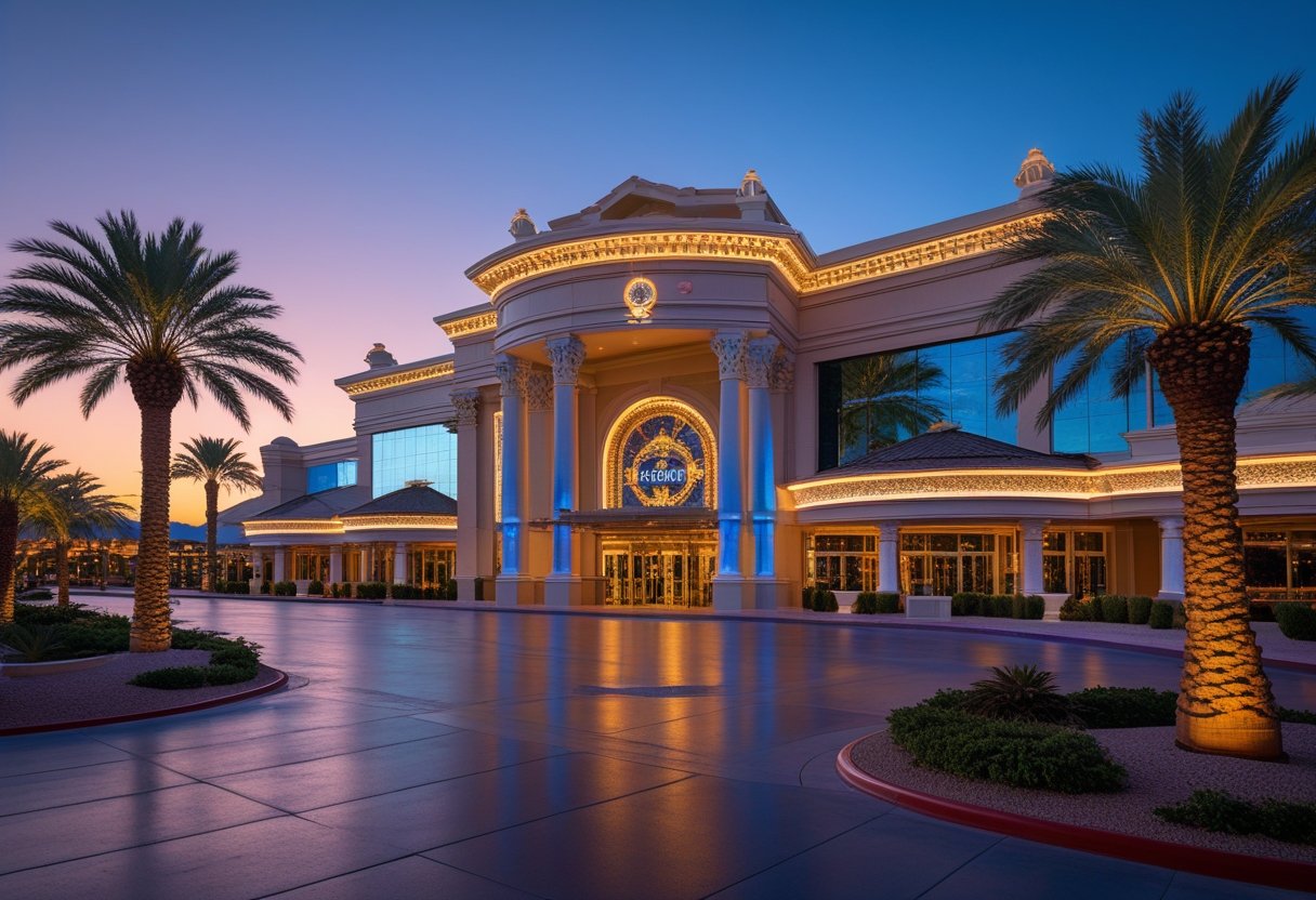 Exterior view of a grand, well-lit casino building at dusk with palm trees and a clear sky.