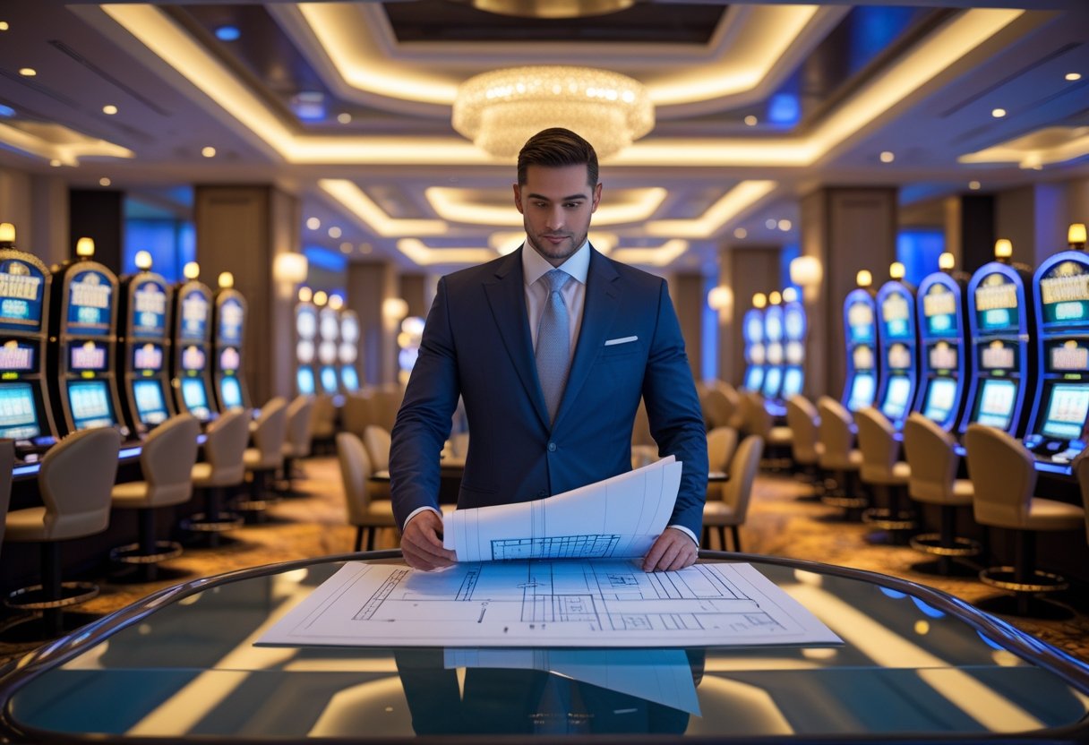 A businessman in a suit reviewing plans inside a modern casino with slot machines and gaming tables visible, city skyline in the background.