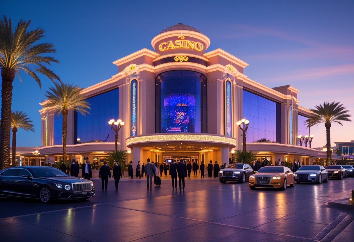 A large, brightly lit casino building at dusk with people entering and luxury cars parked outside.