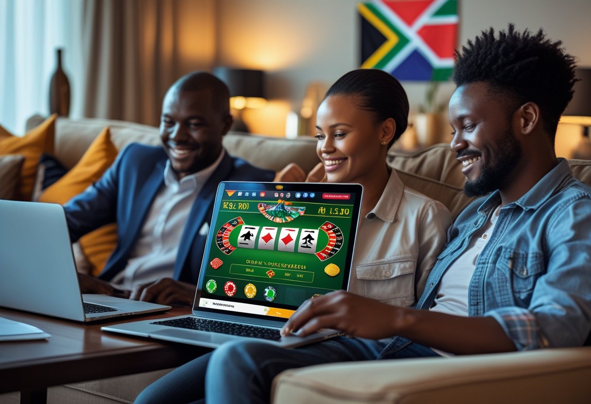 Two people using a laptop and smartphone to play online casino games in a cozy living room with South African decor.