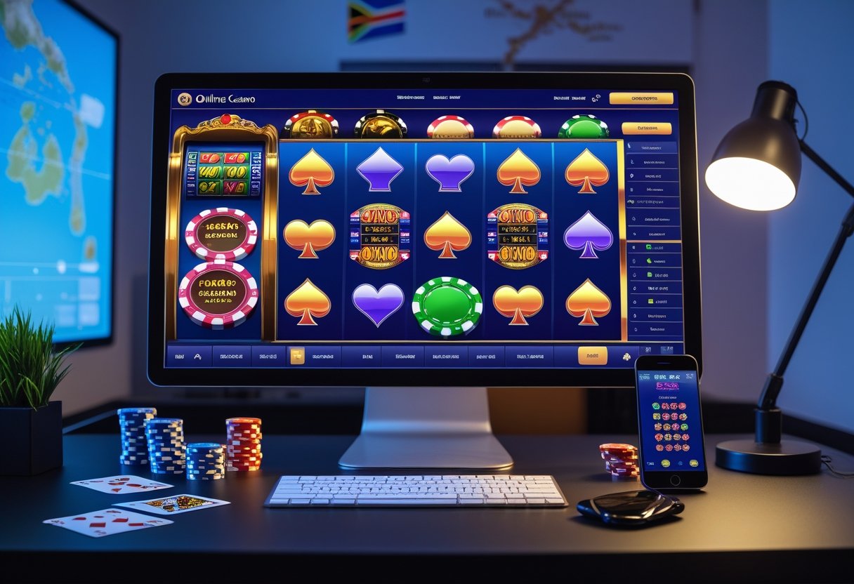 A home office setup with a computer displaying an online casino game, playing cards, poker chips, and a smartphone, with a South African flag in the background.