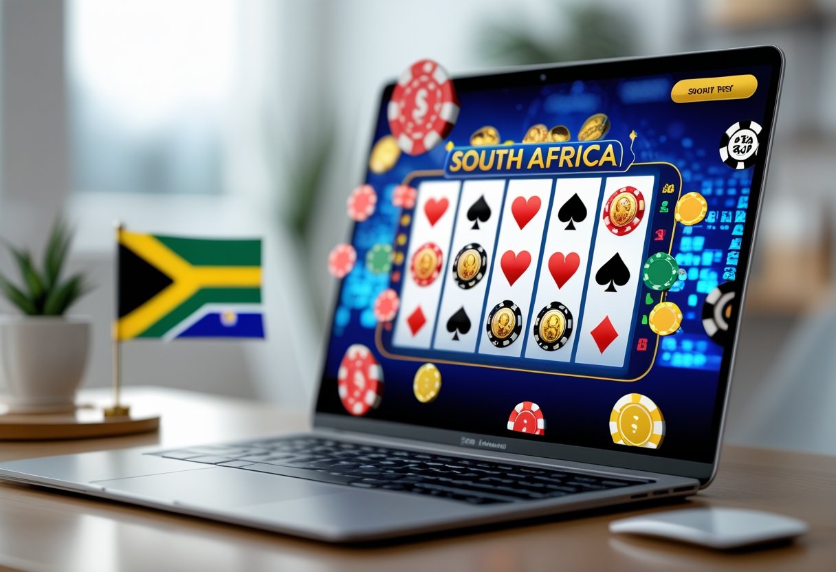 A laptop showing an online casino interface surrounded by South African themed elements on a clean desk.