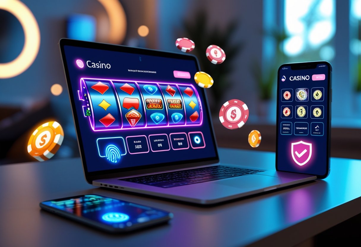 A laptop and smartphone on a desk displaying colorful online casino games with symbols of security and easy access in a modern indoor setting.
