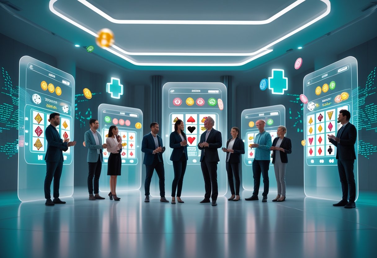A diverse group of adults interacting with futuristic digital casino interfaces in a bright modern room, showcasing online gambling without verification.