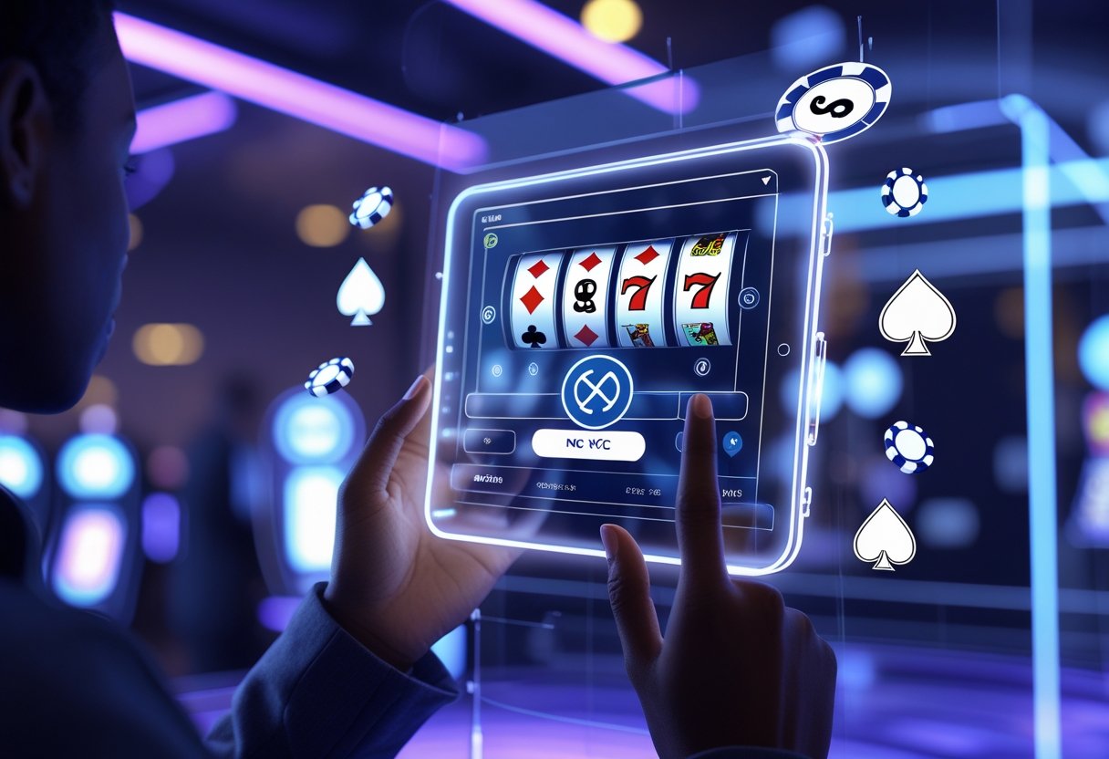 A person holding a futuristic tablet showing an online casino interface with floating casino icons and a crossed-out lock symbol, set against a digital background.
