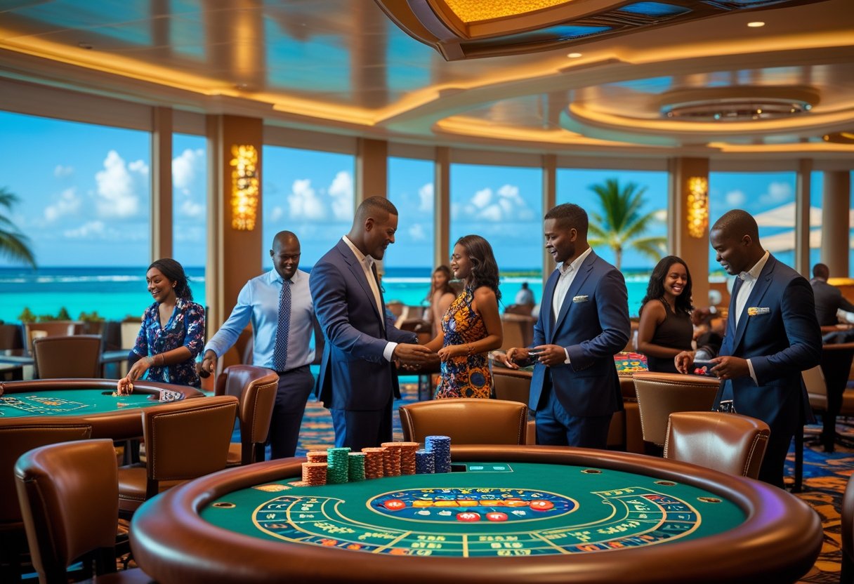 People playing casino games inside a brightly lit casino with tropical scenery visible through the windows.