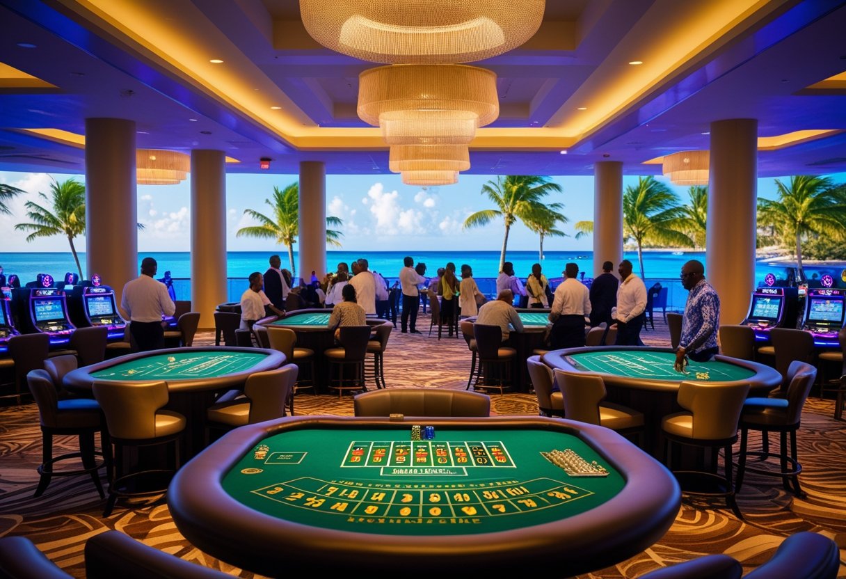 Interior of a modern casino with gaming tables and slot machines, people gambling, and a view of the Barbadian coastline through large windows.