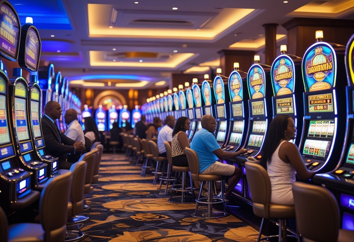 Interior of a busy casino in Barbados with people playing slot machines surrounded by colorful lights and elegant decor.