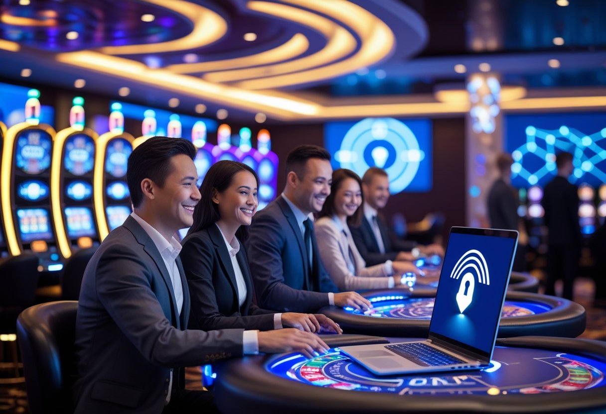 People playing casino games in a modern casino with slot machines and a person using a laptop showing a secure VPN connection.