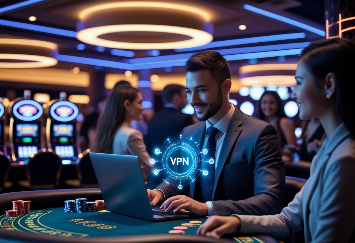 People playing casino games with one person using a laptop in a modern casino setting with digital network visuals.