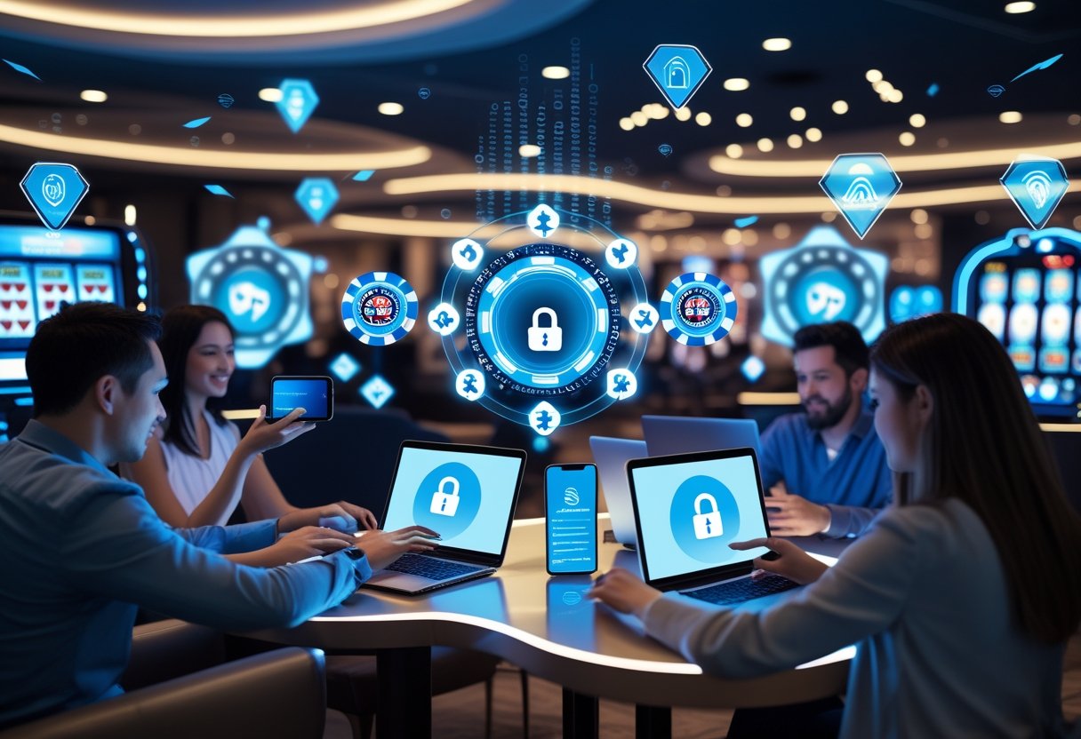 People using laptops and smartphones in a modern lounge with digital casino game holograms and security icons around them.